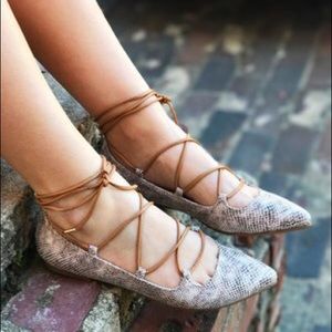 Snake Print Pointed Toe Ankle Lace Up Ballet Flats